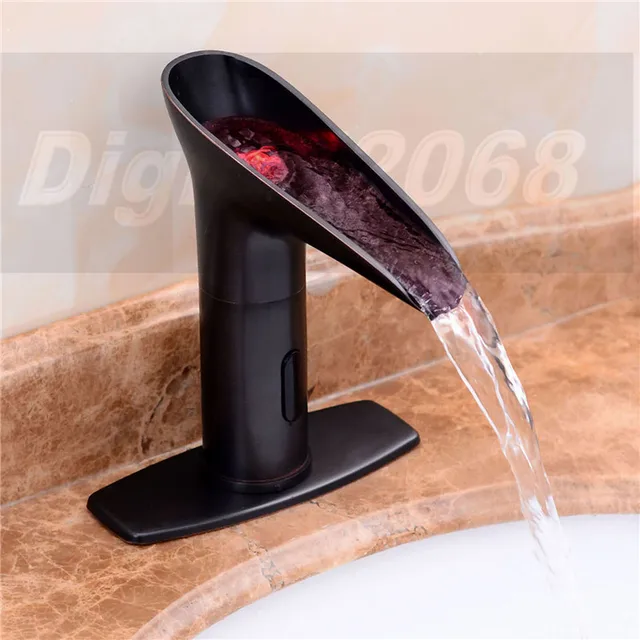LED Light Touchless Sensor Waterfall Bathroom Sink Vessel Faucet Brushed Nickel Oil Rubbed