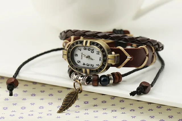 Women’s Vintage Leather Leaves Decorated Watch-Bracelet