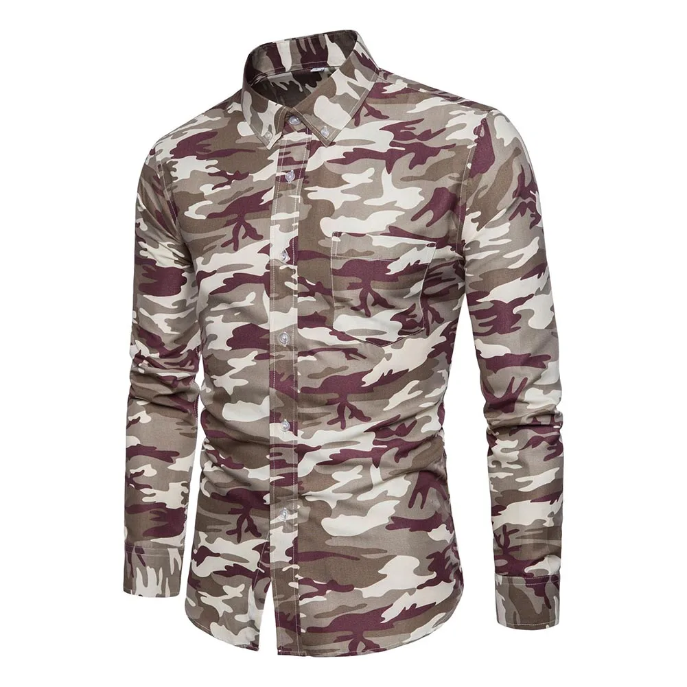 gray camouflage Для мужчин рубашка с лацканами с длинным рукавом камуфляж печать Повседневное передний кнопка для Бизнес вечерние BS88 - Цвет: gray camouflage