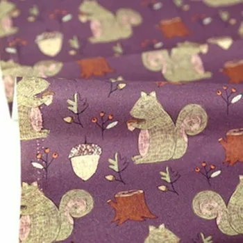 

Half yard plain cotton fabric with hand drawing squirrel print, handmade DIY patchwork garment dress cloth A913