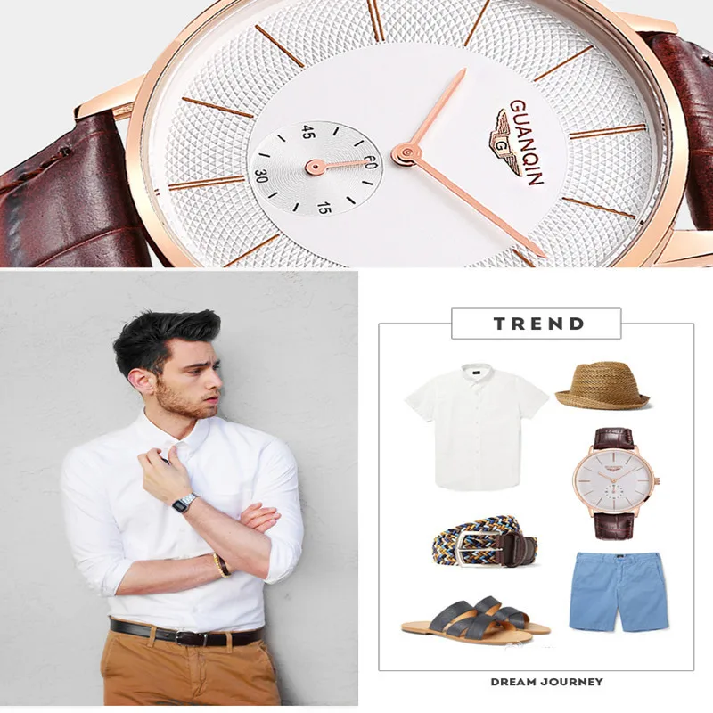 Большой циферблат GUANQIN смотреть мужчины люксовый бренд кварцевые часы модные деловые повседневные наручные часы кожаный мужской часы