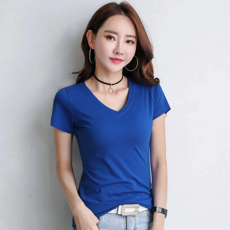 

2019 Summer High Quality V-Neck Solid Color Cotton Basic T-shirt Women Plain Simple T Shirt For Women Short Sleeve Female Tops