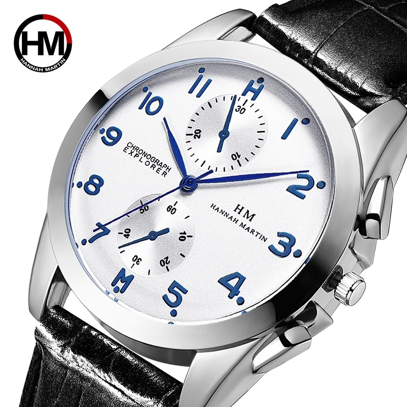 

Hannah Martin Watch Men Top Brand Luxury Chronograph Explorer Men's Quartz Wristwatch Leather Strap Relogio Masculino Clock Gift