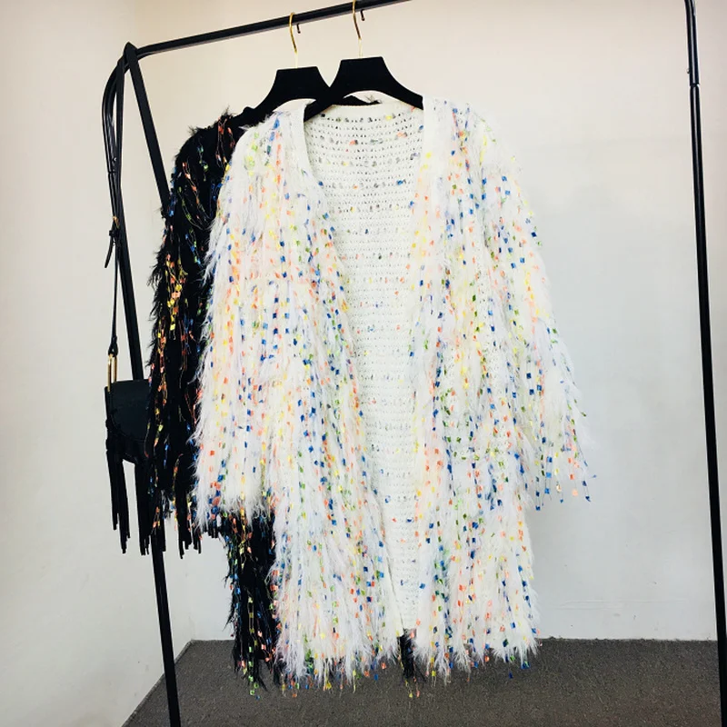 Lambs Sequins Tassels Knitted Sweater Long Jacket