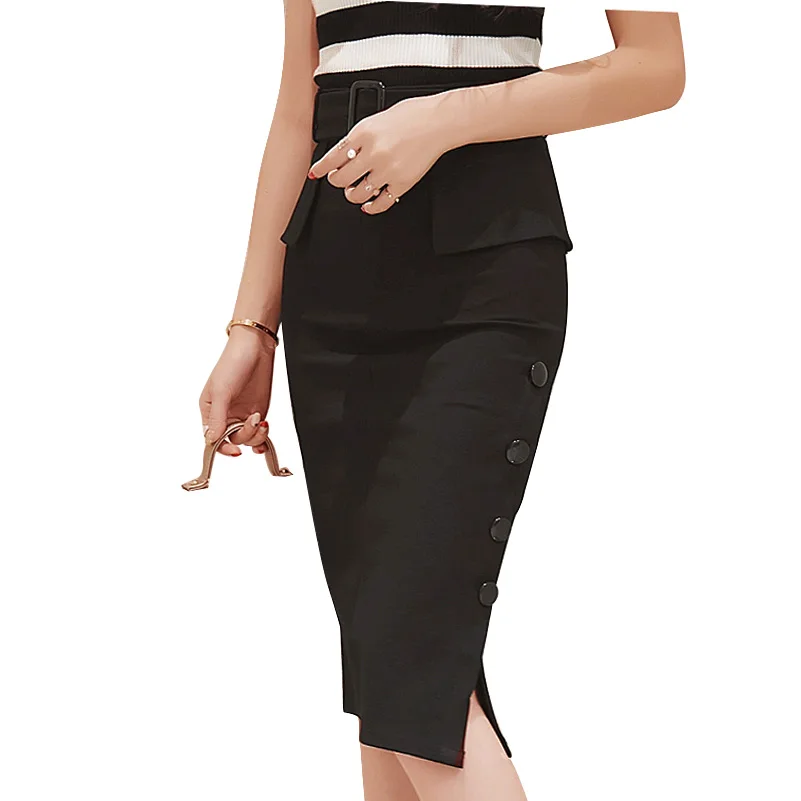 Sexy Mujeres de La Falda Dividida Paquete Falda de La Cadera Del Todo-Fósforo Delgado Nuevo Ocupación de 2017 Botón Lateral de Color Sólido de Alta Cintura Faldas Mejor precio