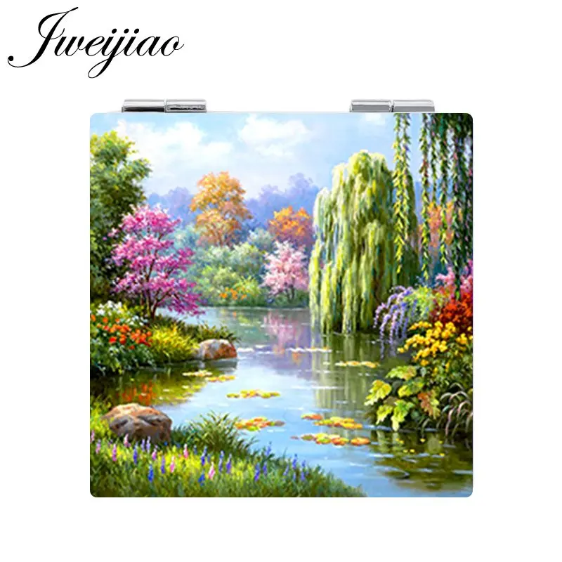 

JWEIJIAO Beautiful Scenery Trees Photo Print Makeup Mirror Mini Folding Square 1X/2X Magnifying PU Leather Pocket Mirror girls