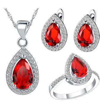 

Ring Luxury Women's Red Gem Crystal Necklace Earrings Ring Jewelry Sets SA Drops Made Suit Red Color Popular