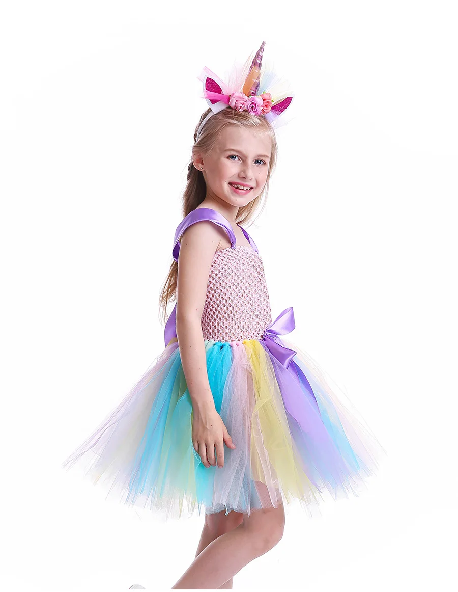 Handmade Horse Pattern Girls Tutu Dress for Halloween Dress Up Party Kids Rainbow Flower Dress with Unicorn Headband 2-12Y (8)