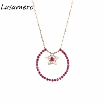 شراءLasamero شكل دائري 0.75CTW الطبيعية روبي الأحجار الكريمة 18 كيلو ارتفع الذهب خمر النمط الروماني هالة لهجات قلادة نجمة قلادة سلسلة