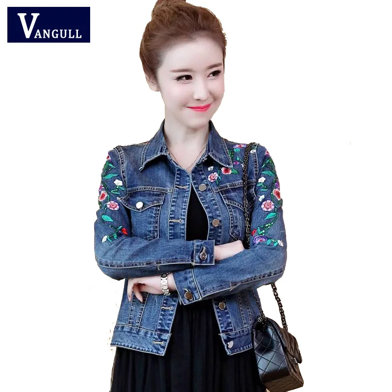 Vangull размера плюс 5XL цветочное женское джинсовое пальто с вышивкой короткая Базовая женская джинсовая куртка тонкая Цветочная верхняя одежда куртки Новинка - Color: as picture