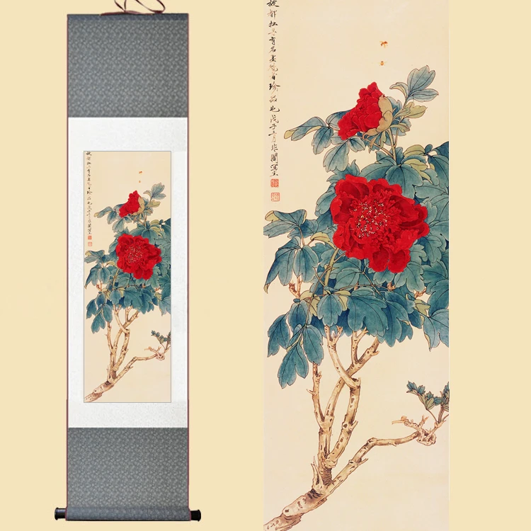 

Chinese Silk Watercolor Original Flower rich red peony bee feng shui ink art wall picture damask framed scroll canvas painting