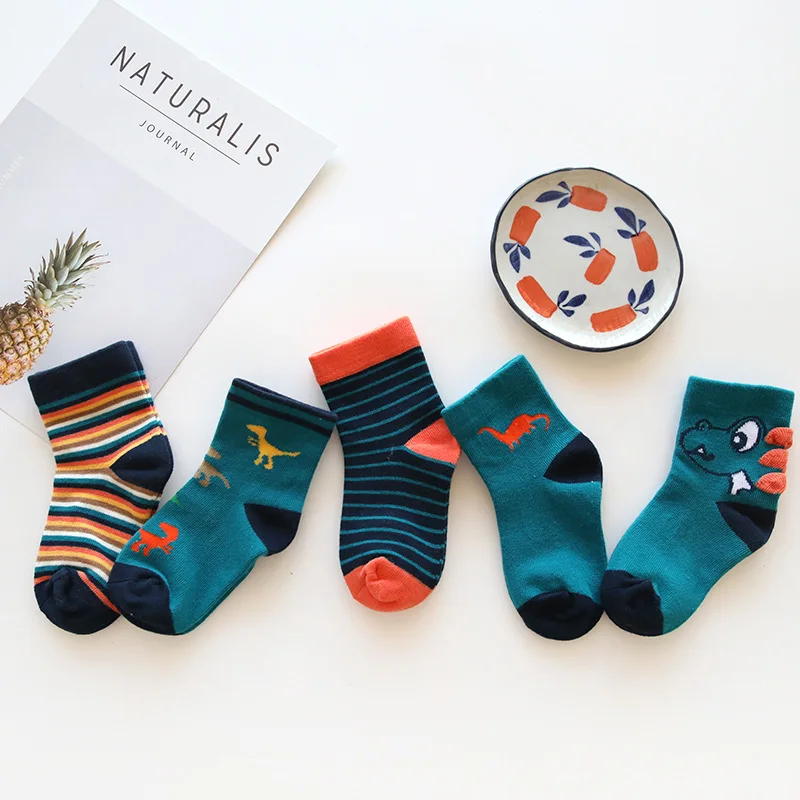 

5 Pairs Dinosaurs Baby Socks Spring and Autumn Cartoon Children's Socks Unisex All Combed Cotton Newborn Socks 10 Color