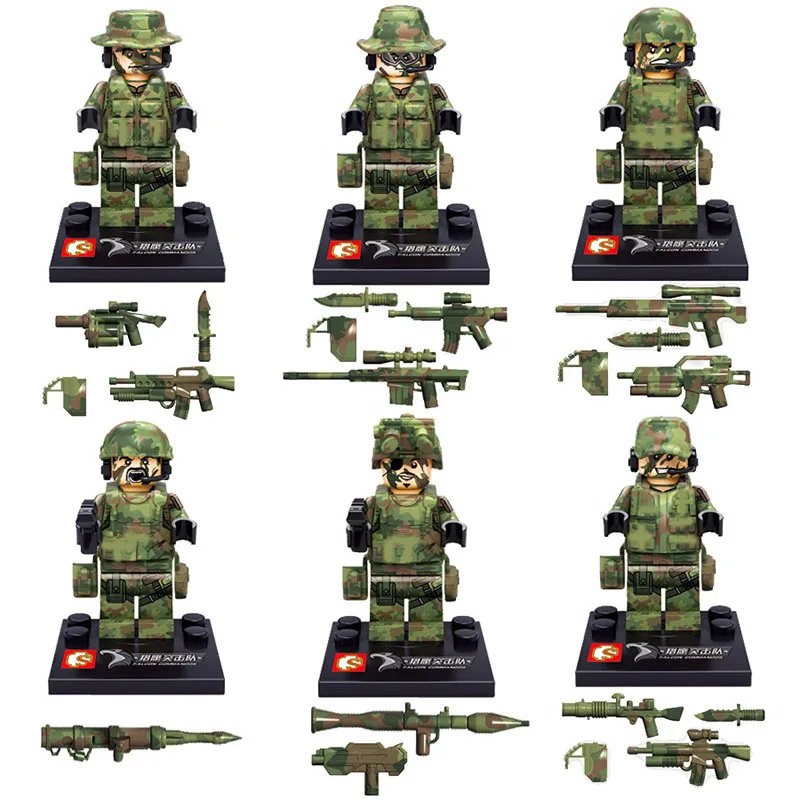 

6Pcs Building Blocks Compatible Legoing Figure With Weapon Staring Wars Military Falcon Commandos WWII Army Soldier Marine Corps