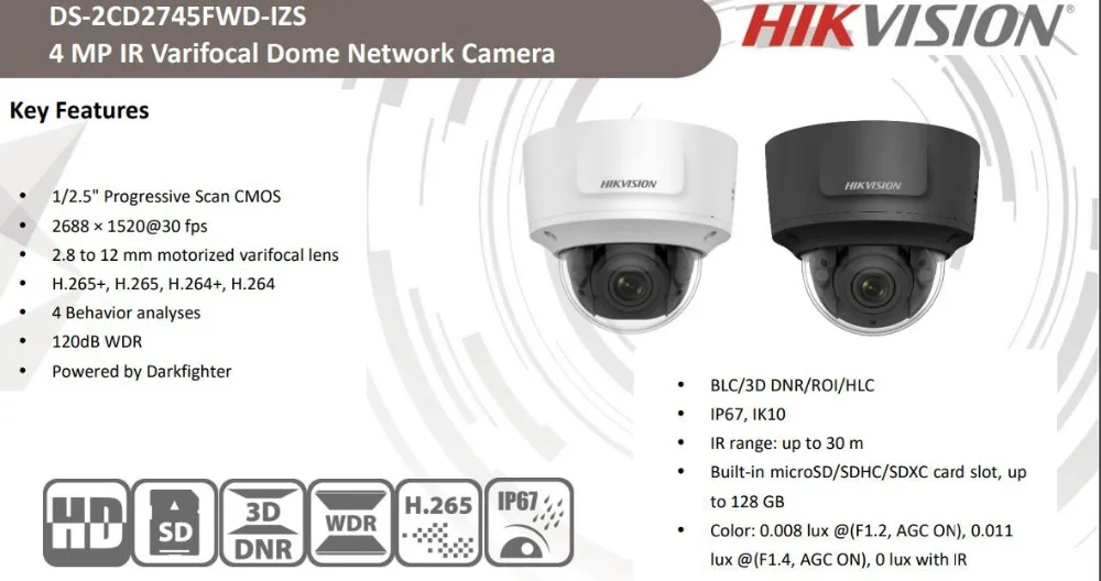 Система видеонаблюдения Hikvision IP камера антивандальная варифокальная ИК Купол 4MP EASYIP 3,0 сетевая камера видеонаблюдения DS-2CD2745FWD-IZS