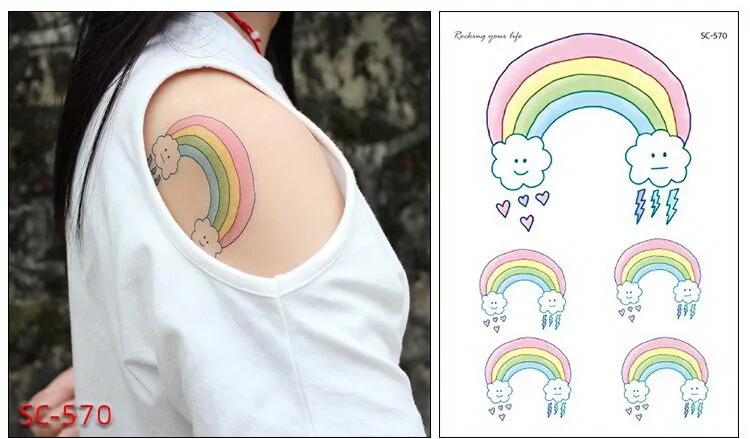 Водонепроницаемые временные фальшивые татуировки наклейки милые цветы Радуга любовь мультфильм дизайн макияж инструменты Цветные татуировки для детей - Цвет: SC570