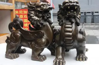 

Chinese Bronze Copper Wealth Dragon kylin Brave troops Pixiu Unicorn Statue Pair