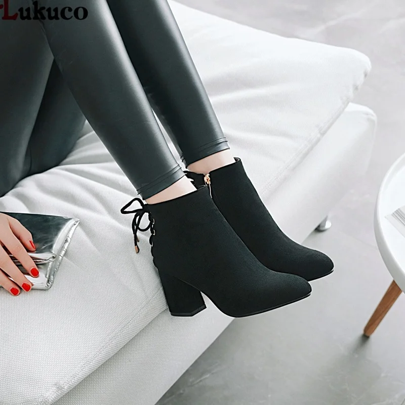 

Concise New Faux Suede fashion Ankle Boots for Women Shoes Pointed Toe High Square Heel Botas Mujer Botte Femme Large Size 34-48