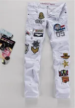 2015 Mens Hip Hop Patchwork Jeans Pants White Washed Slim Fit Club Dance Hiphop Denim Jean