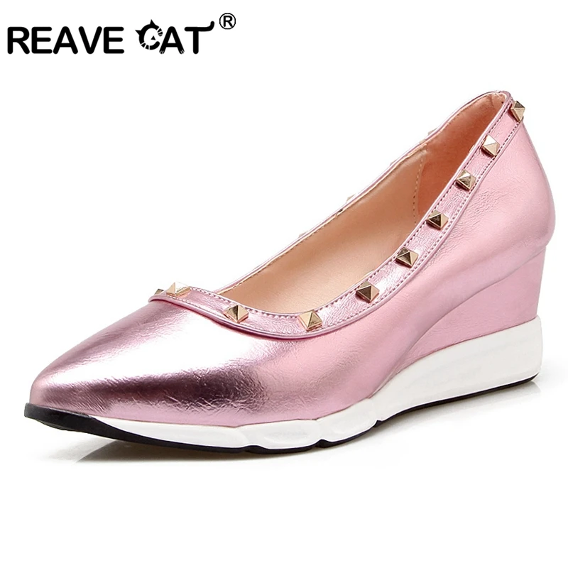 

REAVE CAT Valentine Shoes Women Pumps Sexy Pointed Stiletto Rivets High Heels Wedges Sneaker shoes Fashion Wedding Shoes A543