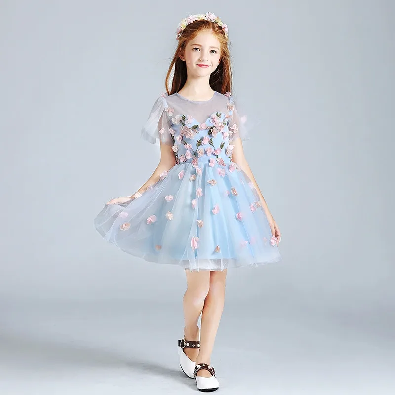 blue short dress Детские Элегантные аппликации с цветами для свадьбы, дня рождения, бальное платье принцессы, длинное платье для девочек, подростков, модельные платья для шоу - Цвет: blue short dress