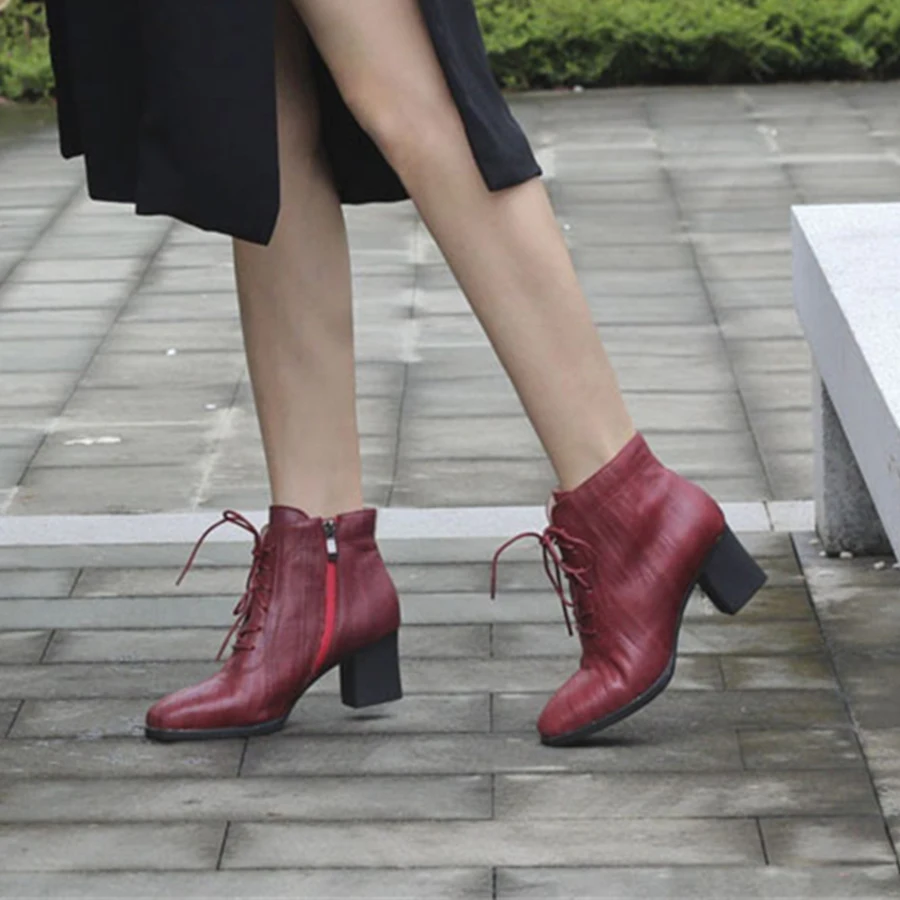 

Women winter boots Natrual Leather Handmade thick heel LACE Ankle Boots Comfortable quality soft brand handmade HEEL BOOTS