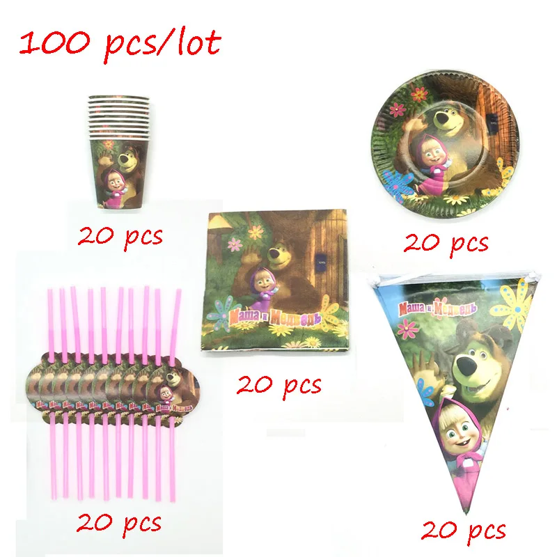 100pcs/set Masha And Bear Birthday Party Decorations Paper Cup Plate Straw Napkin Flag Christmas Disposable Tableware For Kids - Цвет: BeiPanXiQiZhi 100pcs