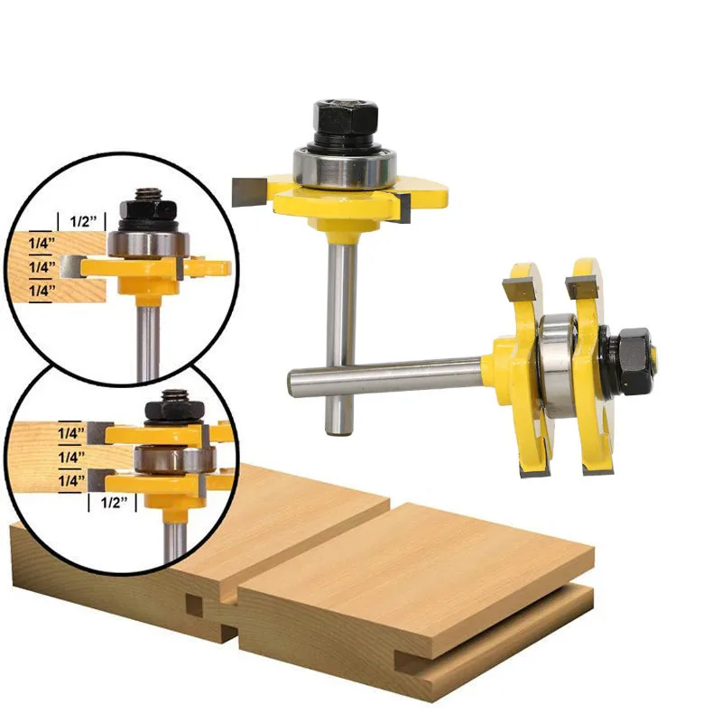 

2pcs/set 1/4" Shank 2 Bit Tongue Groove Router Bit Set Woodworking Milling Cutter Knife Tenon Cutting Tools