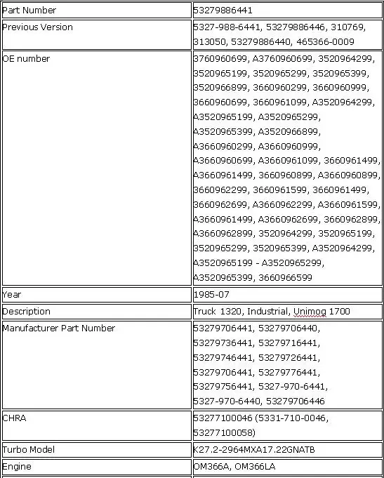 K27 3580266 465366-0013 3760960699 A3760960699 3520964299 3520965199 OM366 TURBO