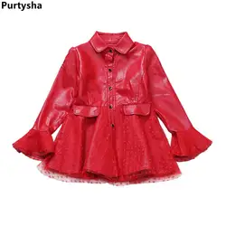 Девушка кожаная куртка детская Костюмы осень-зима модная одежда с длинными рукавами красные, Черные Длинные ветровка пальто Одежда для