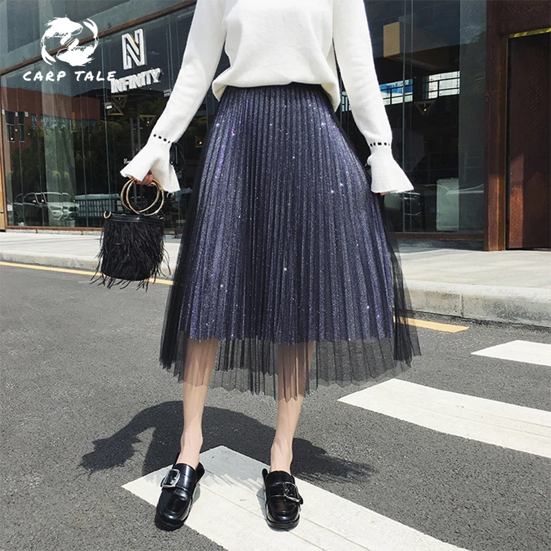 

Korean version of the autumn and winter pleated skirt skirt new new long ins super fire mesh skirt women fashion outside take