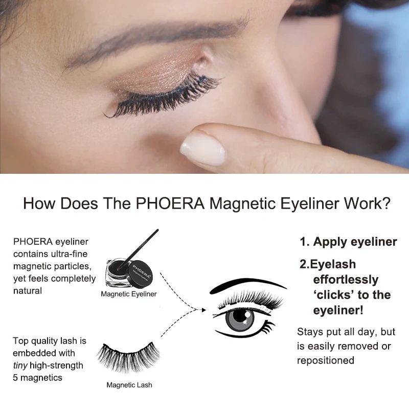 PHOERA Magnetic Eyeliner Eyelashes Kit 3D Eyelashes Gel Liquid Eyeliner with False Lashes Eyeliner Brush Reusable Falses Eyelash