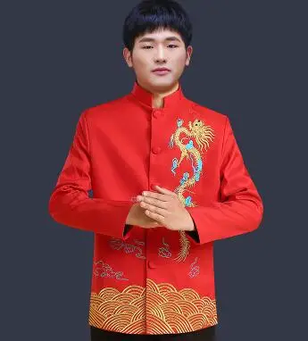 Men's clothing chinese style wedding Top the groom dragon gown evening Red Top slim red tang suit chinese tunic