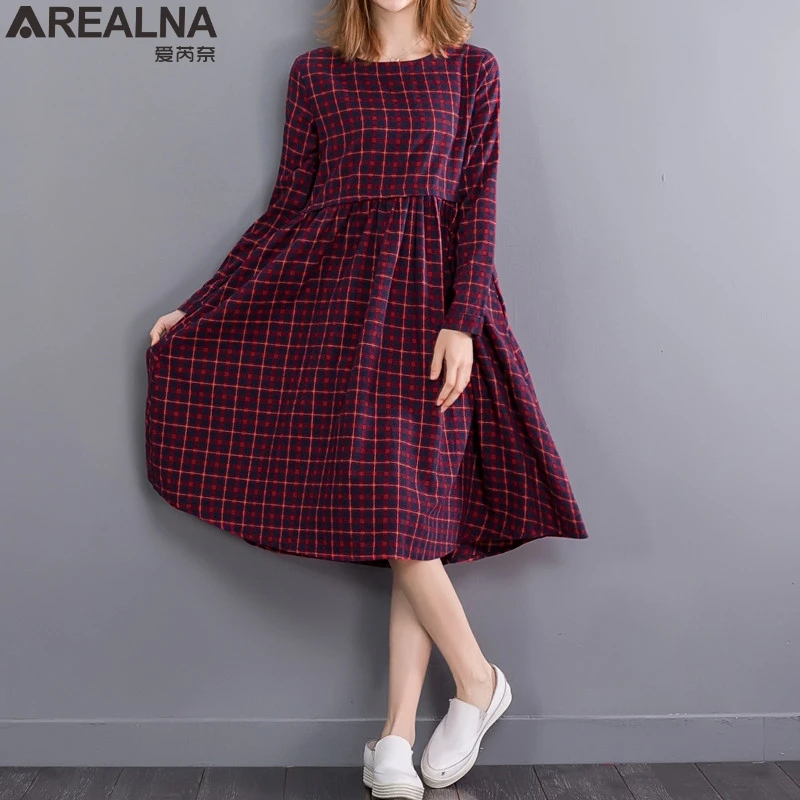 

AREALNA 2018 Vintage Autumn Midi Dress women Plaid Dress female Long Sleeve Retro Cotton Linen Dresses for women vestidos mujer