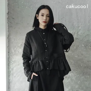 

Cakucool Simple black Women Blouse Shirts Spring Long Sleeve Ruffles Blusas Brief Loose Cotton Linen Blouses Shirt Tops Lady