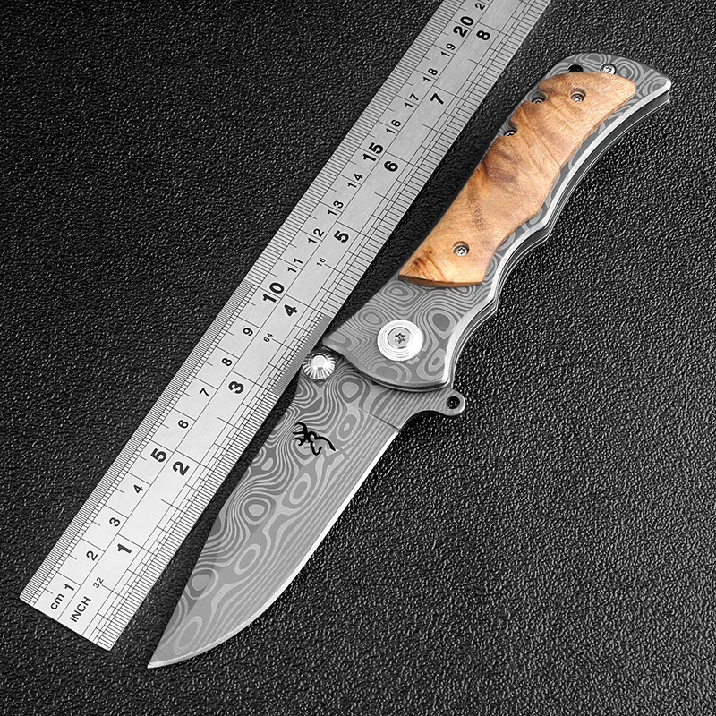 

KKWOLF Pocket Folding Knife Damascus Pattern Blade Wood Handle Outdoor Survival Combat Tactical Knife Titanium Camping EDC Tools