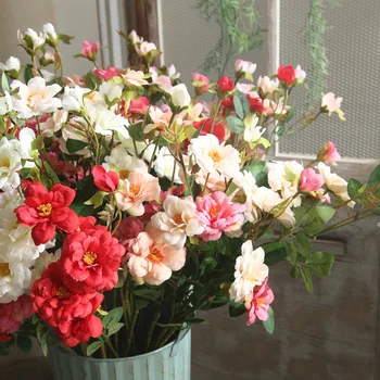 

5pcs/lot 7 Fork Silk Rose Flower Stem Simulation Chinese Rose 6 Color for Wedding Centerpieces Decorative Artificial Flower