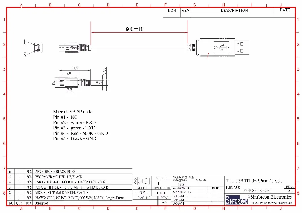 Sinforcon USB TTL-micro usb 80cm