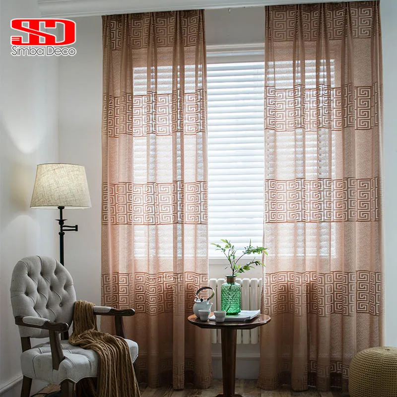 Estilo chino cortinas de tul para la sala clásico geométrico Voile cortinas ventana tratamientos dormitorio marrón Beige