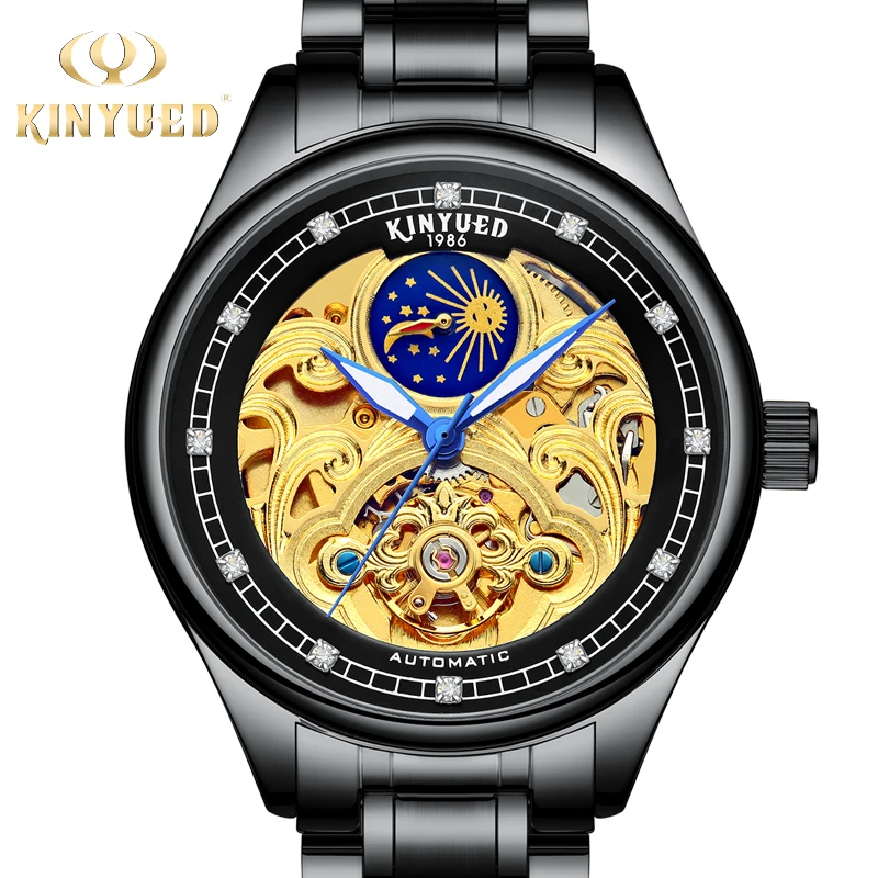 

KINYUED Luxury Brand Mechanical Wristwatch Mens Moon Phase Automatic Self-Wind Watch Stainless Steel Tourbillon horloges mannen