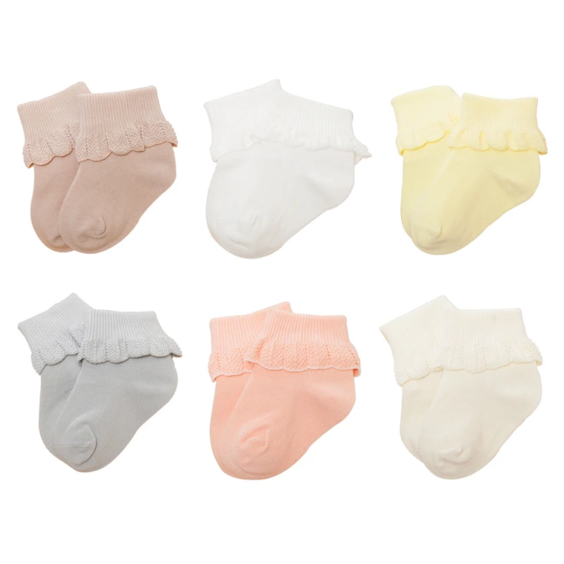 6 пар, кружевные детские носки для девочек, хлопковые носки принцессы для новорожденных, Разноцветные носки для малышей 0-3 лет