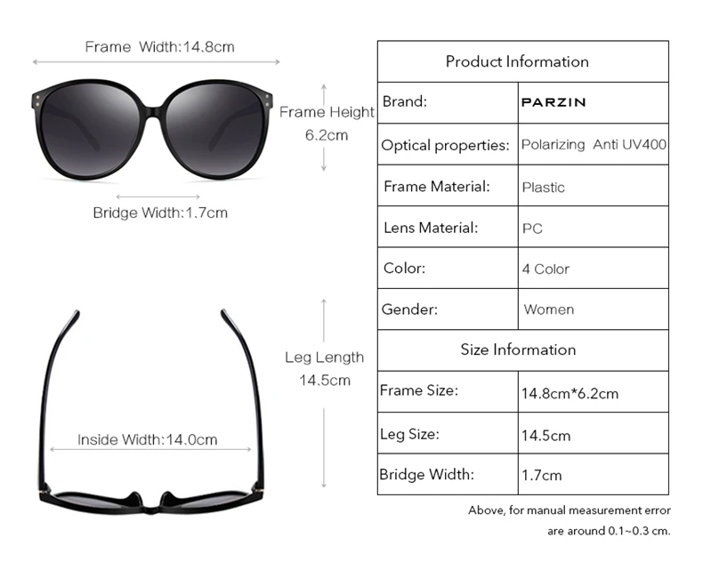 PARZIN Поляризованные солнцезащитные очки Женщины Защита от ультрафиолетового излучения Женские солнцезащитные очки Красочные Женские очки Оттенки черного с упаковочной коробке 9839