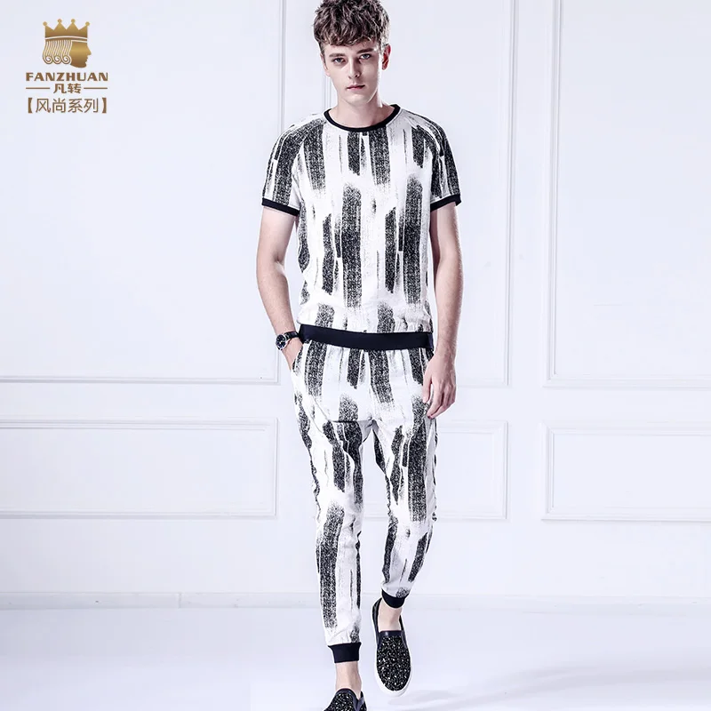 

Fanzhuan Free Shipping New fashion casual 2017 male Men's Summer short sleeved t shirt ninth pants 2 pcs set 711052 Suit