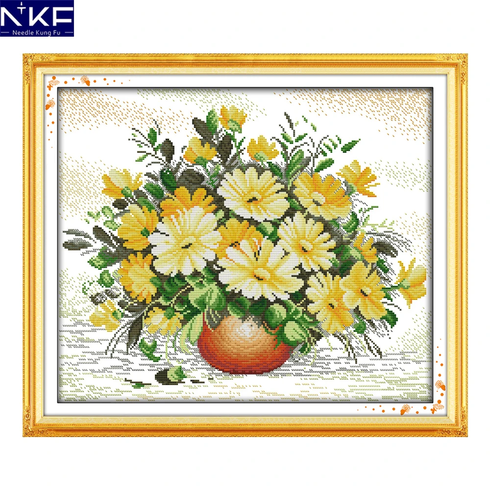 NKF Daisy Stamped Cross Stitch Kit 11CT 14CT DIY Needlework Embroidery Chinese Flowers Cross