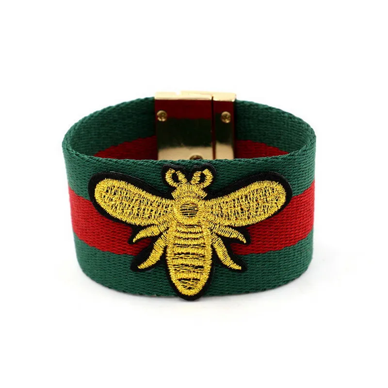 

ZWPON 2018 New Fashion Cotton Cloth Fashion Embroidery Golden Bee Bracelet For Women Green Red Stripe Cloth Ribbon Cuff Bracelet
