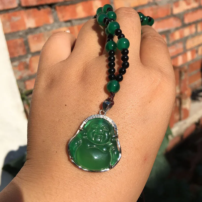 925 Silver Inlaid Natural Green Chalcedony Buddha Pendant Female Emerald Buddha Belly Jade Necklace