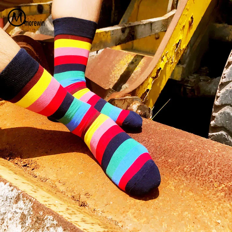 Хлопковые мужские носки уличные хип хоп забавные теплые носки скейтборд красочные полосы радуги длинные носки новинка