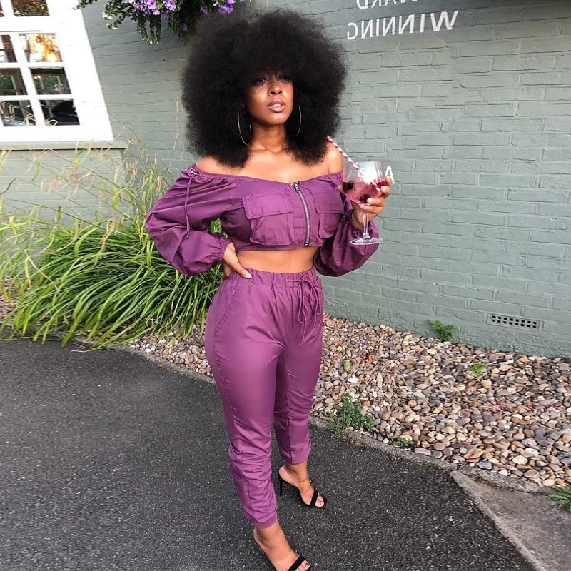 

Sexy Club TWO PIECE SET Ladies Crop Top Off Shoulder Lantern Sleeve Women Clothing Jogger Pants Outfits Suit Harajuku Purple 2pc