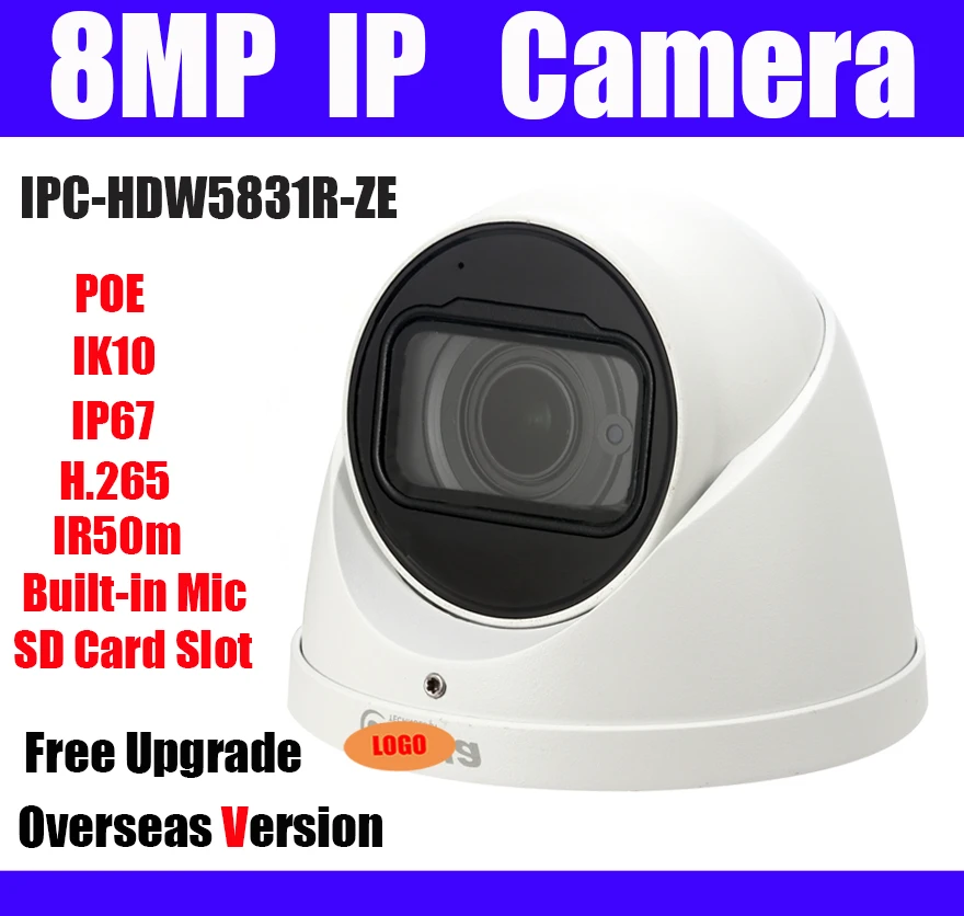 

8MP Dome IP camera IPC-HDW5831R-ZE POE H.265 IP67 IR 50m Genuine 2.7-12mm motorized lens indoor web cam Network Camera with logo