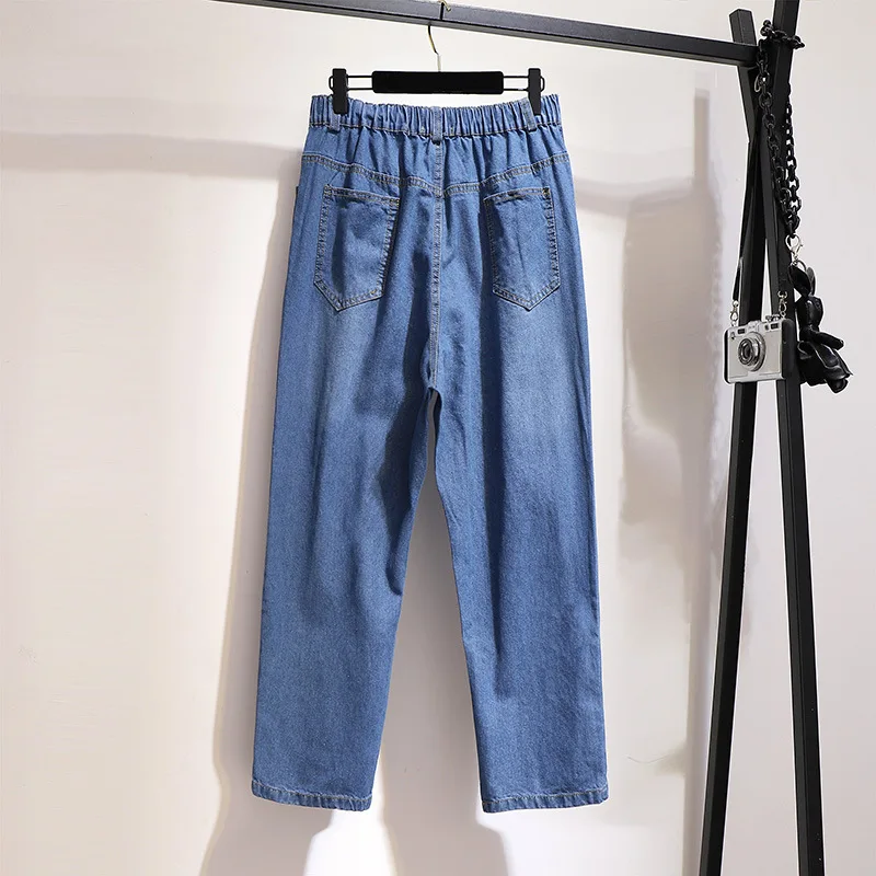 Плюс размер XXL-6XL Высокая талия женские джинсовые брюки с эластичной резинкой на поясе джинсы повседневные шаровары женские 140 кг можно носить G524