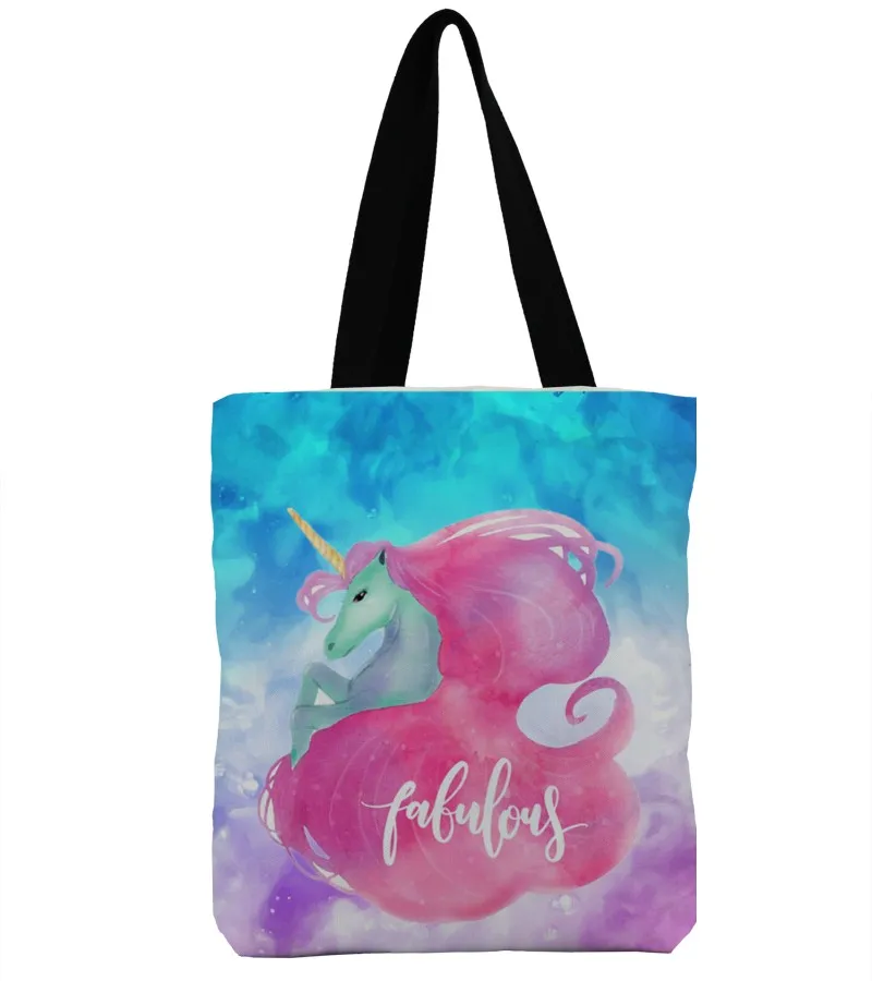 

ZHBSLWT 3D Print jumping Unicorn Design Beach Bags For Female Single Shoulder Shopping Bag Casual Women Canvas Tote Handbag Big